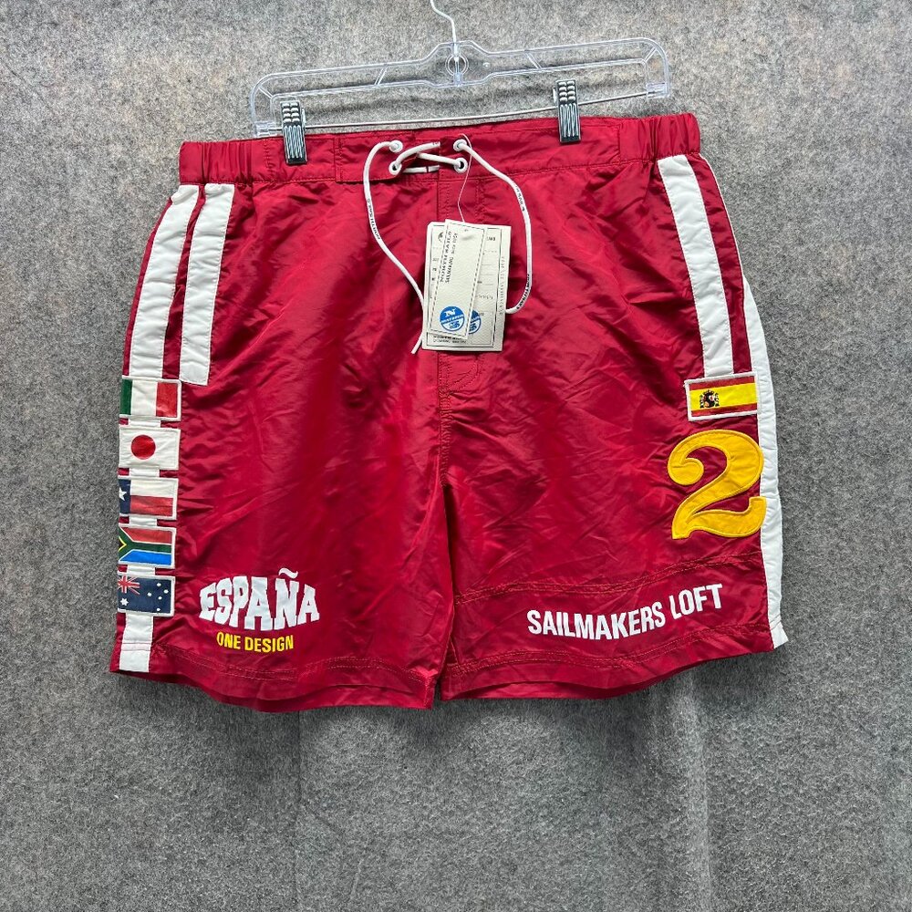 North Sails Board Shorts Mens XL Red Spain Embroidery Swimming Trunks Flags RARE
